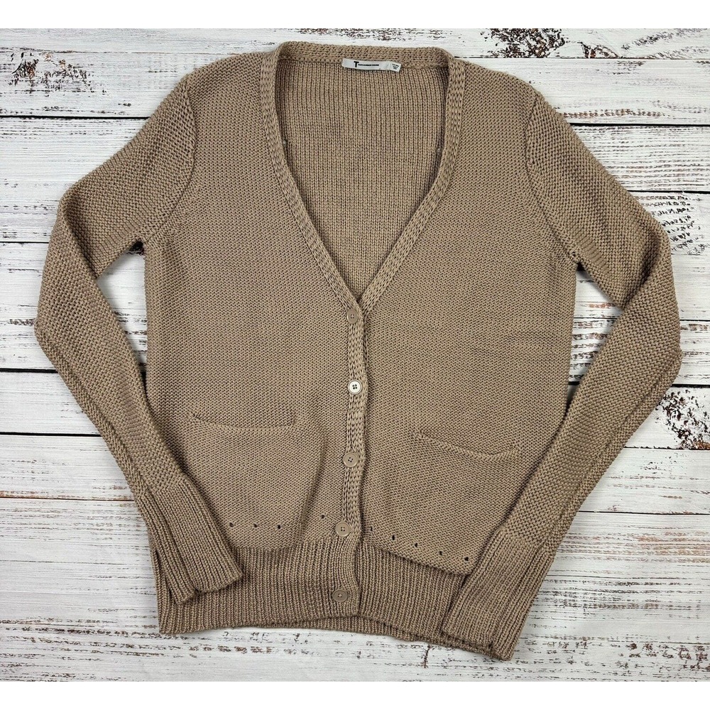 T by Alexander Wang Brown Button‎ Down Knit Sweater Cardigan V-Neck Cotton Sz S - Picture 2 of 6